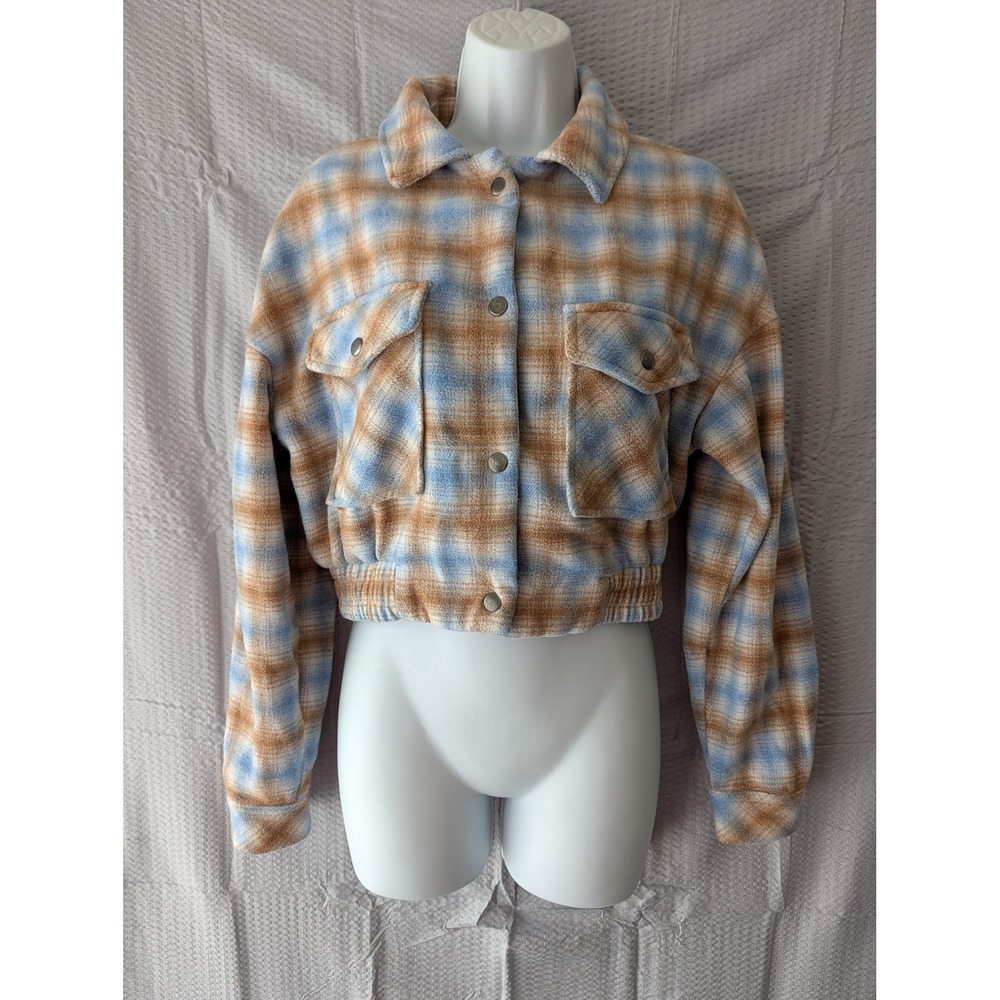 Timing Womens Blue Tan Plaid Cropped Flannel Shacket Snap Button Jacket Small